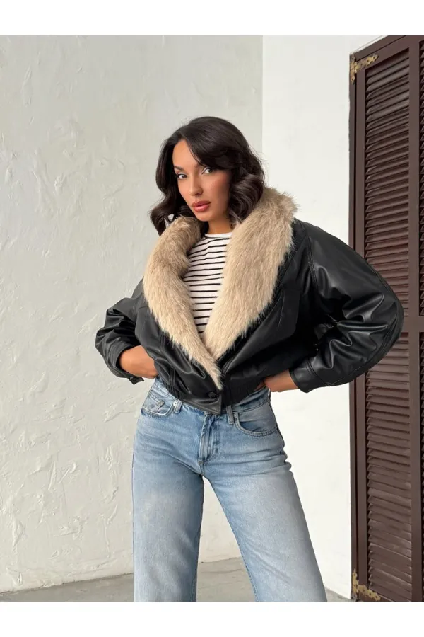 Topshow | Yakası Kürklü Kruvaze Deri Mont - Siyah Taş | F2050