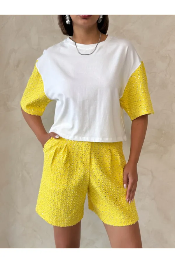 Kol Detaylı Toptan Şort - Sarı | Topshow