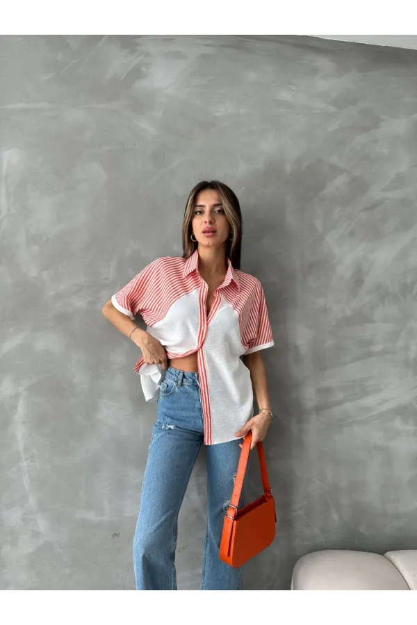 Topshow Orange Stripe Detailed Low Sleeve Wholesale Shirt