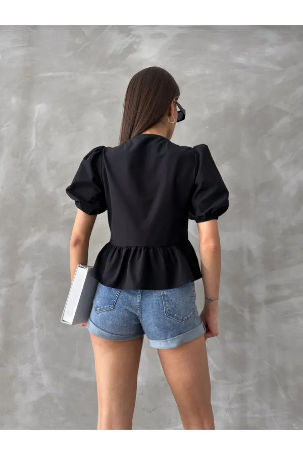 Topshow Siyah Önden Bağlamalı Poplin Toptan Bluz