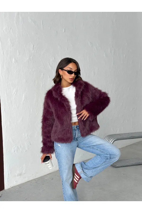 Topshow - Toptan Suni Kürk Kadın Mont - Mürdüm