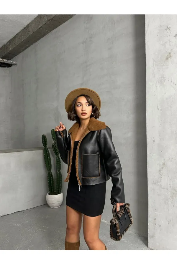 Manteau zippé en cuir Amine - Noir et marron | TOPSHOW | F1511