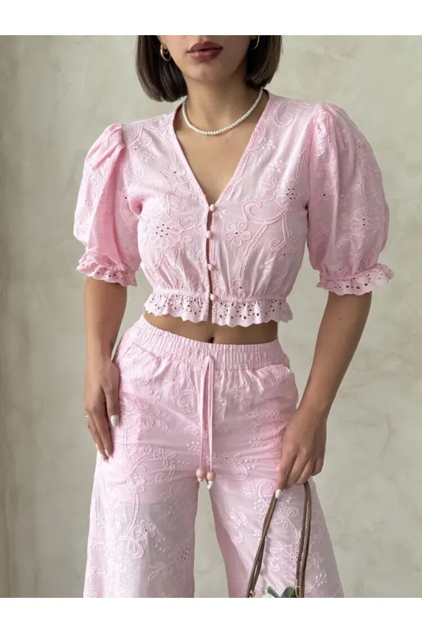 Embroidered Blouse with Scallop Detail - Pink | Topshow