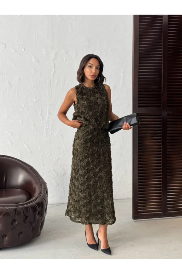 Topshow - Toptan Gül Süzüneli Kolsuz Bluz - Haki