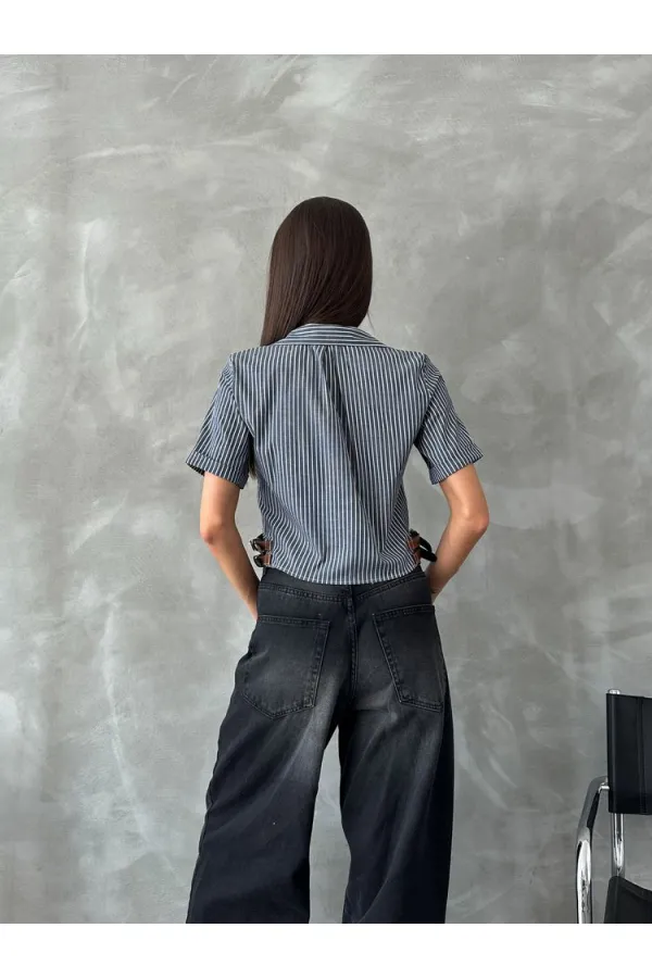 Topshow Black Striped Belt Detailed Striped Wholesale Shirt