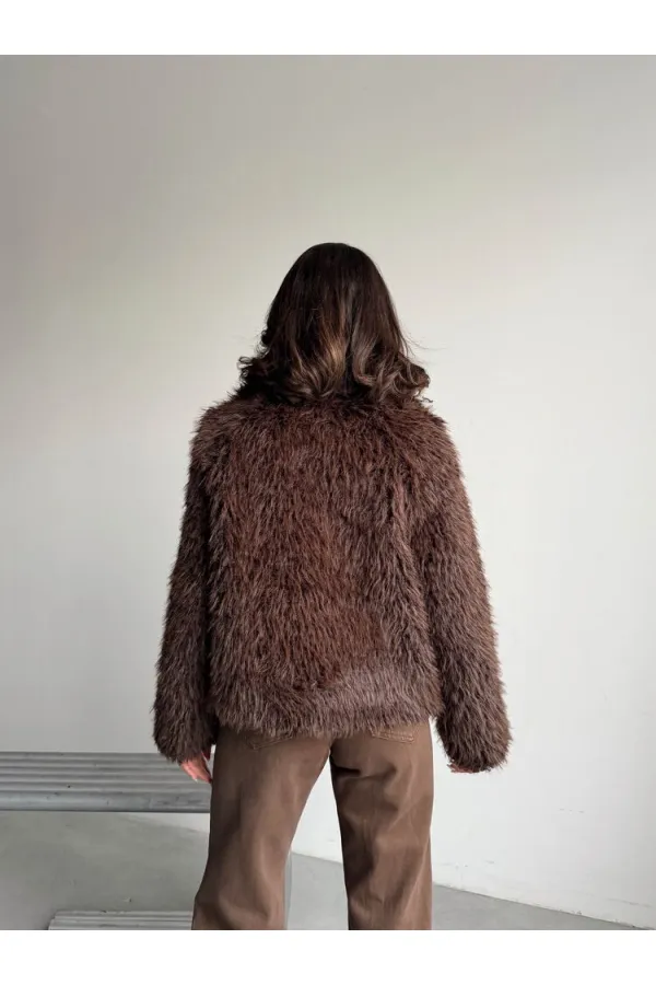 Women's Faux Fur Jacket – Zippered, Soft Textured Modern Winter Coat - DARK BROWN