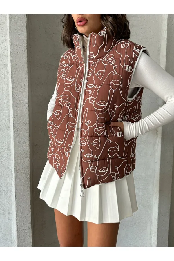 Karışık Baskı Desenli Elyaflı Şişme Toptan Yelek - Kahve | TOPSHOW | F1749
