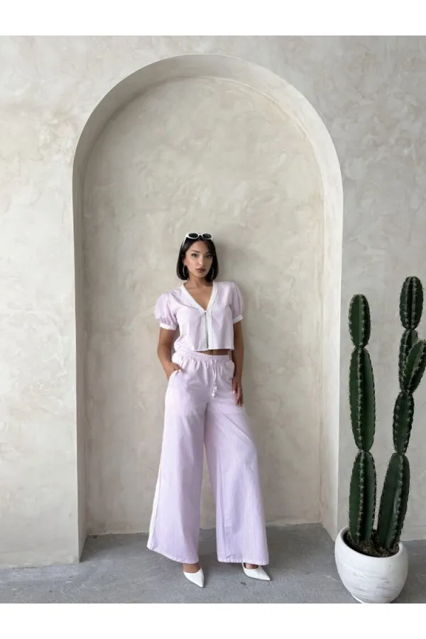 Guipure Detailed Striped Blouse - Pink | topshow