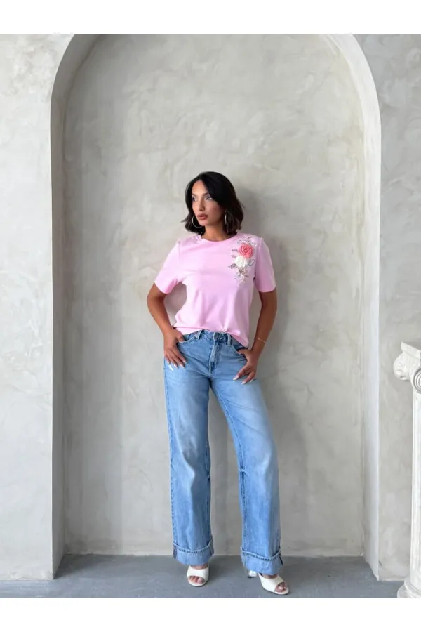 Çiçek Detaylı Tişört - Pembe | Topshow