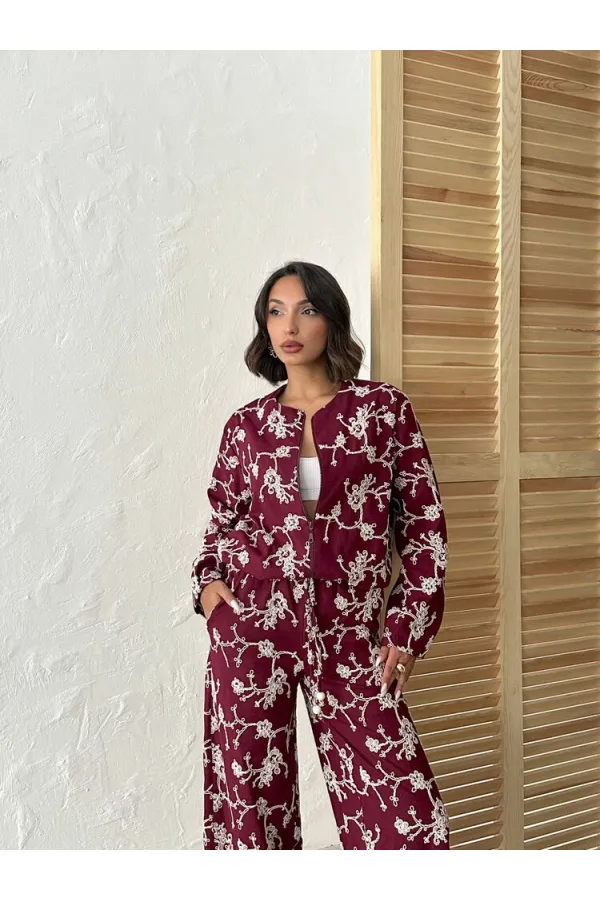 Veste zippée à broderies florales - Bordeaux | Topshow | F1948