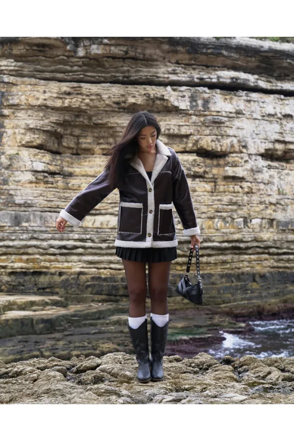 Deri Kürklü Toptan Mont - Kahve Krem | TOPSHOW | F1537