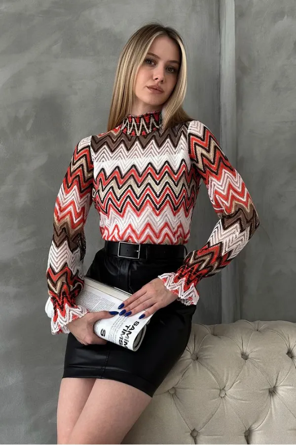 Blouse à motif zigzag en gros - Orange | TOPSHOW | F1558