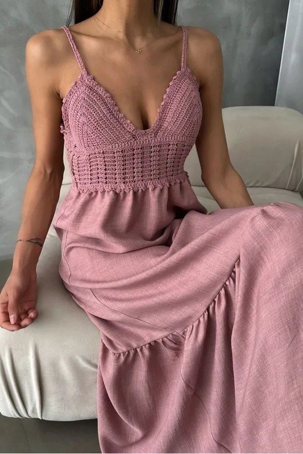 Topshow Powder Linen Strap V-Neck Full Length Wholesale Dress