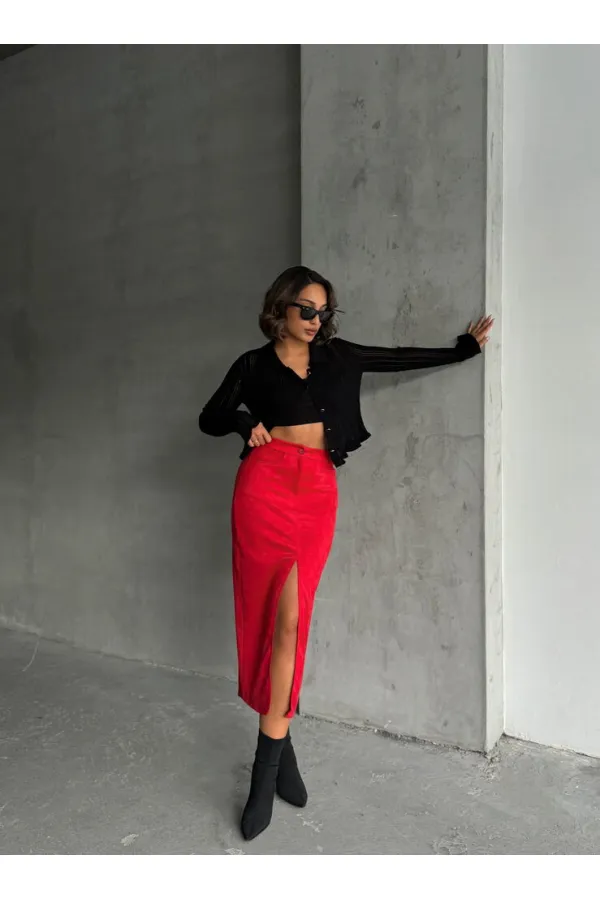 Süet Toptan Etek - Kırmızı | TOPSHOW | F1761