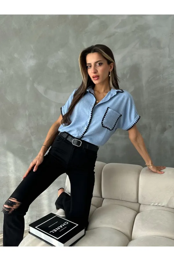 Topshow Blue Shepherd Stitched Linen Wholesale Shirt