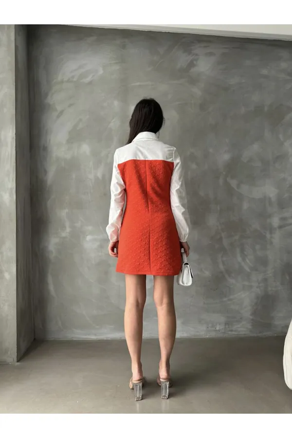 Knee-Length Poplin Dress with Sleeves and Chest - Orange | TOPSHOW | F1139