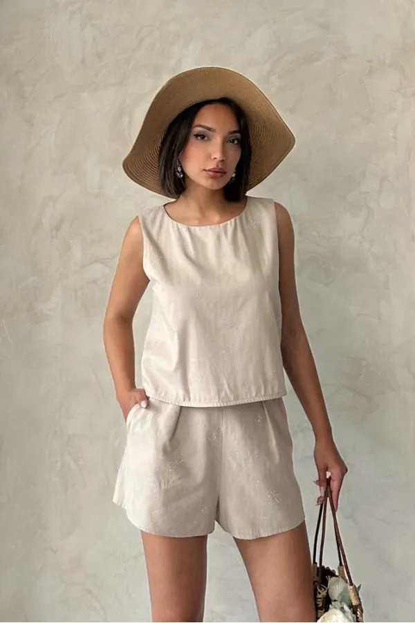 Fiyonk Taş Baskılı Kolsuz Bluz - Taş | Topshow