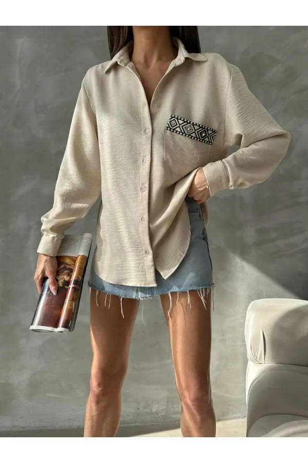 Pocket Detailed Linen Wholesale Shirt - Stone | TOPSHOW | F1661