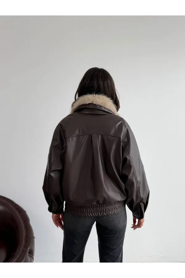 Topshow Fur-Collared Double-Breasted Leather Jacket - Brown | F2050