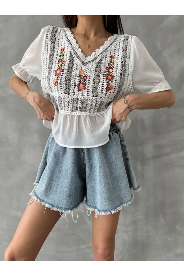 Topshow Cream Gray Embroidered Wholesale Blouse