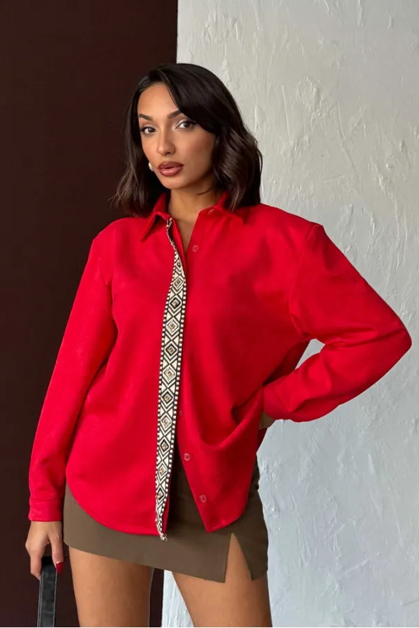 Topshow Striped Detail Scuba Suede Wholesale Shirt - Red | F1973