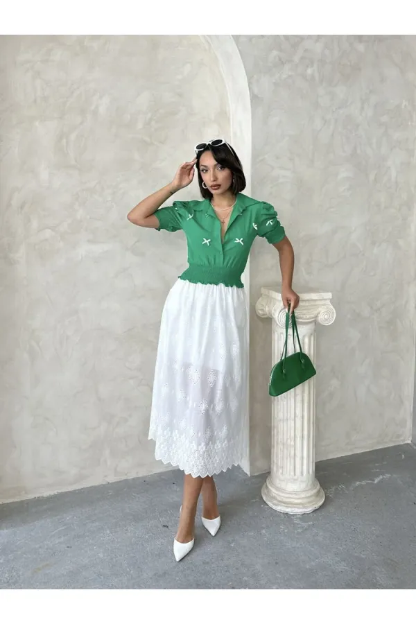 Kol Ucu Etek Gipeli Düğmeli Gömlek - Yeşil Topshow