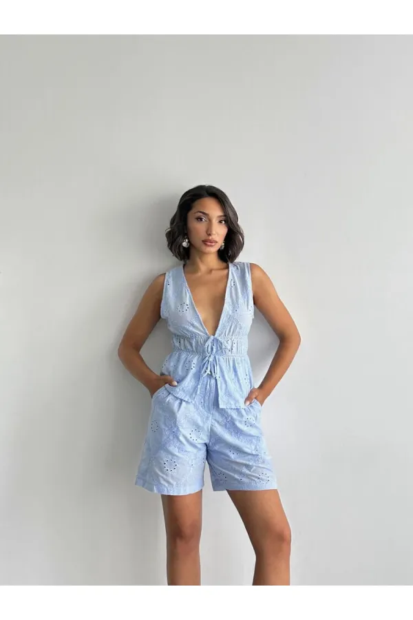 Nakışlı Vual Şort - Mavi | Topshow