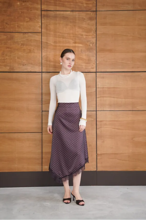 Jupe en satin à pois et détails en dentelle - Marron | F2077 - Topshow