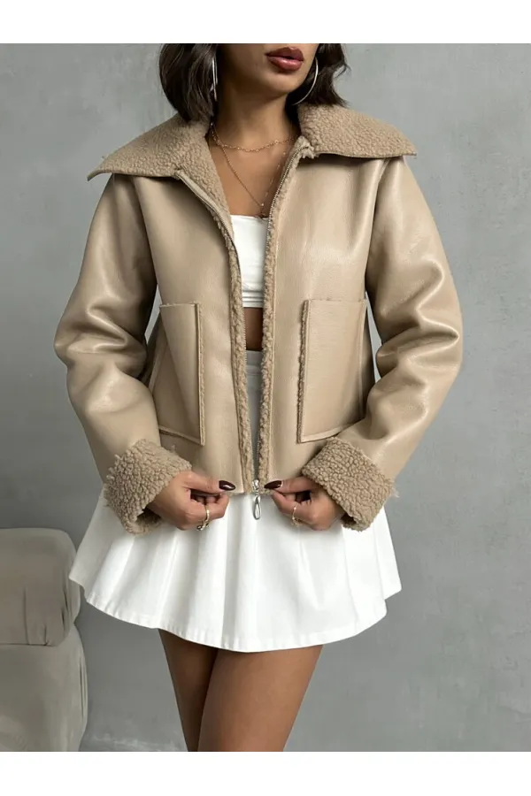 Veste zippée en cuir laminé - Gris foncé | TOPSHOW | F1511