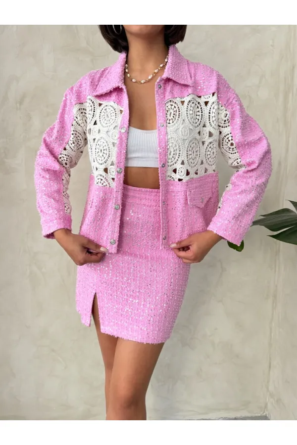 Veste en jean rose à détails en dentelle - Topshow | F1758