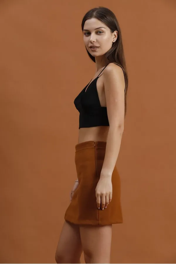 Jupe courte fendue et détaillée en gros - Marron | TOPSHOW | F1351