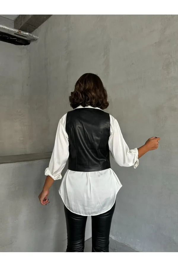 Gilet en cuir boutonné en gros - Noir | TOPSHOW | F1503