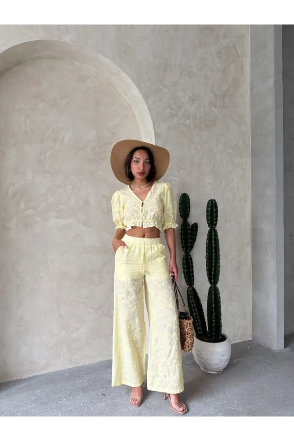 Embroidered Blouse with Scallop Detail - Yellow | Topshow