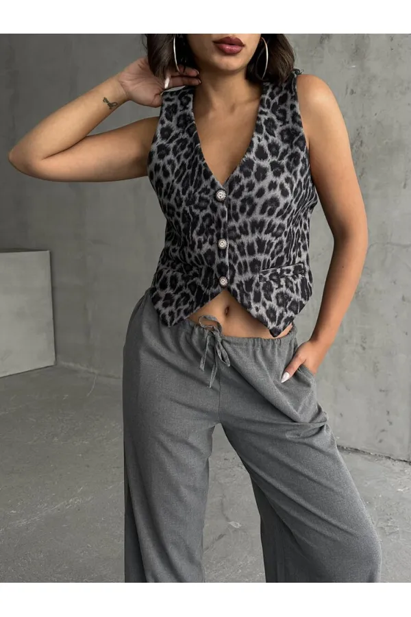 Kaşe Toptan Yelek - Gri Leopar | TOPSHOW | F1824