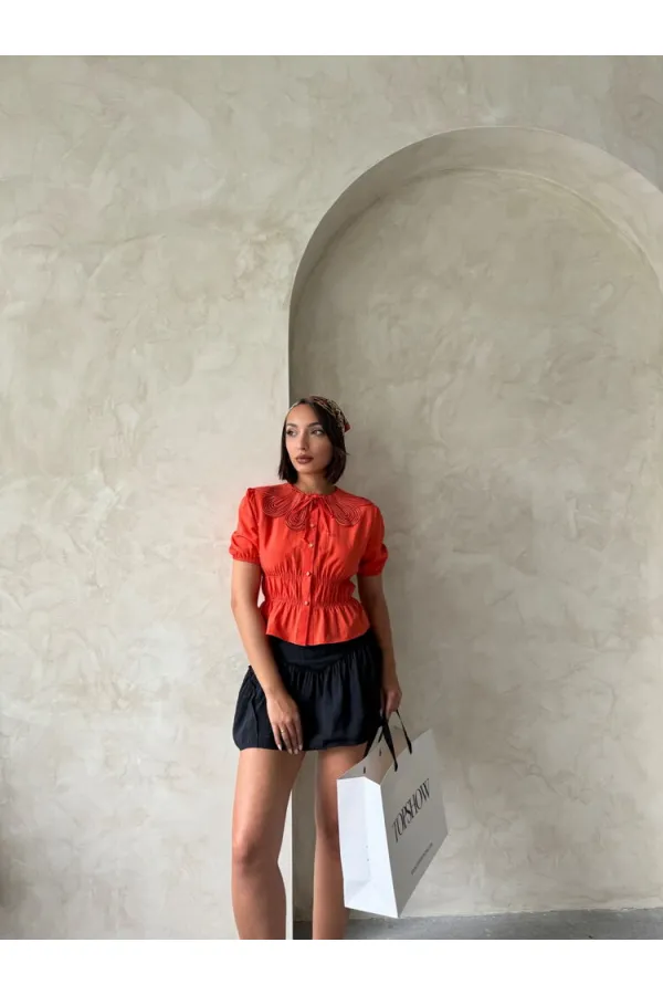 Gathered Shirt with Collar Detail - Orange | Topshow