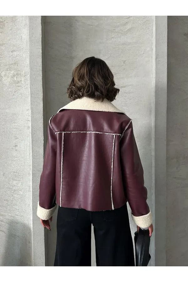 Veste en cuir zippée en gros - Rouge bordeaux crème | TOPSHOW | F1511