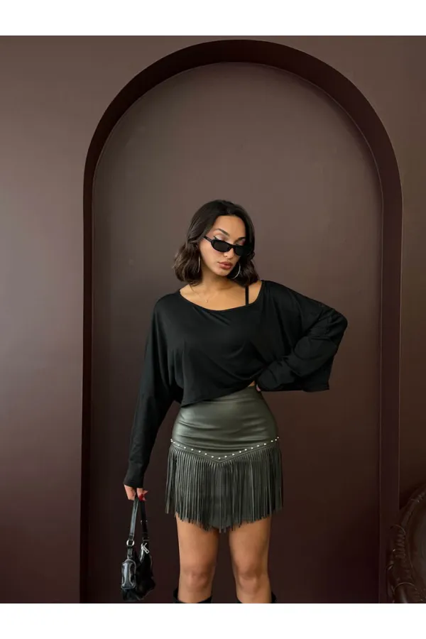 Jupe courte en cuir à franges style western Topshow - Kaki (vente en gros) | F2041