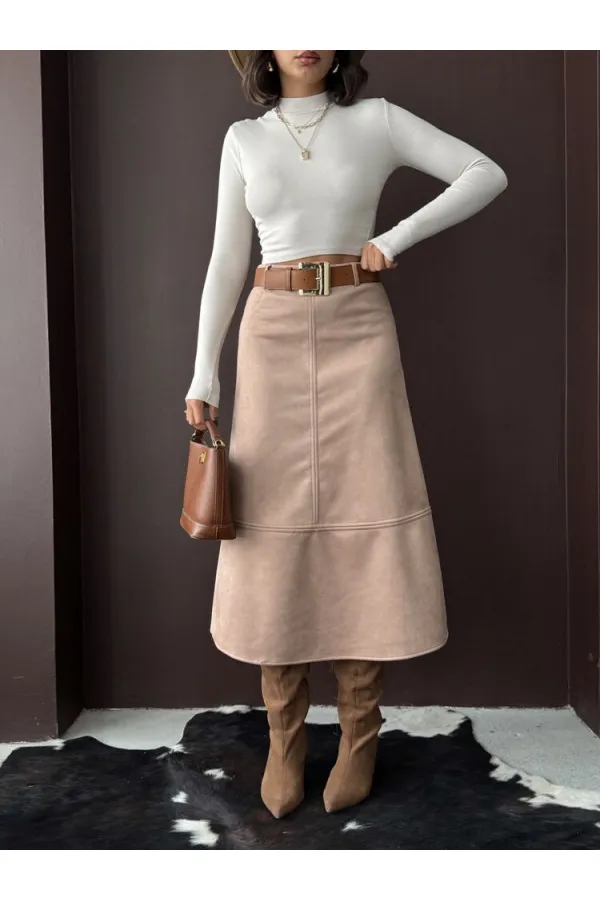 Topshow Scuba Suede Skirt - Mink | F2004