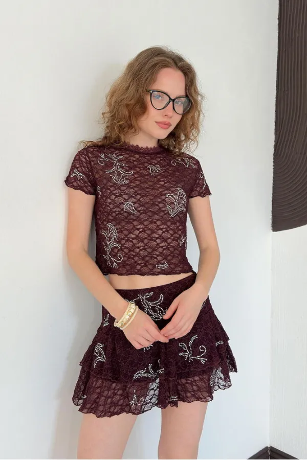 D 2996 EMBELLISHED LACE SKIRT - BROWN D 2996 EMBELLISHED LACE SKIRT - BROWN