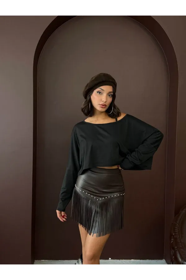 Western Style Tassel Mini Leather Skirt - BURGUNDY | F2041