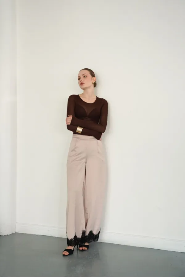 Wholesale Satin Trousers with Lace Hem - Stone | D2969 - Topshow