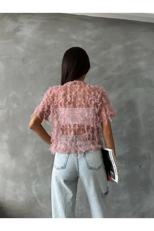 Topshow Pudra Simli Saçaklı Toptan Bluz