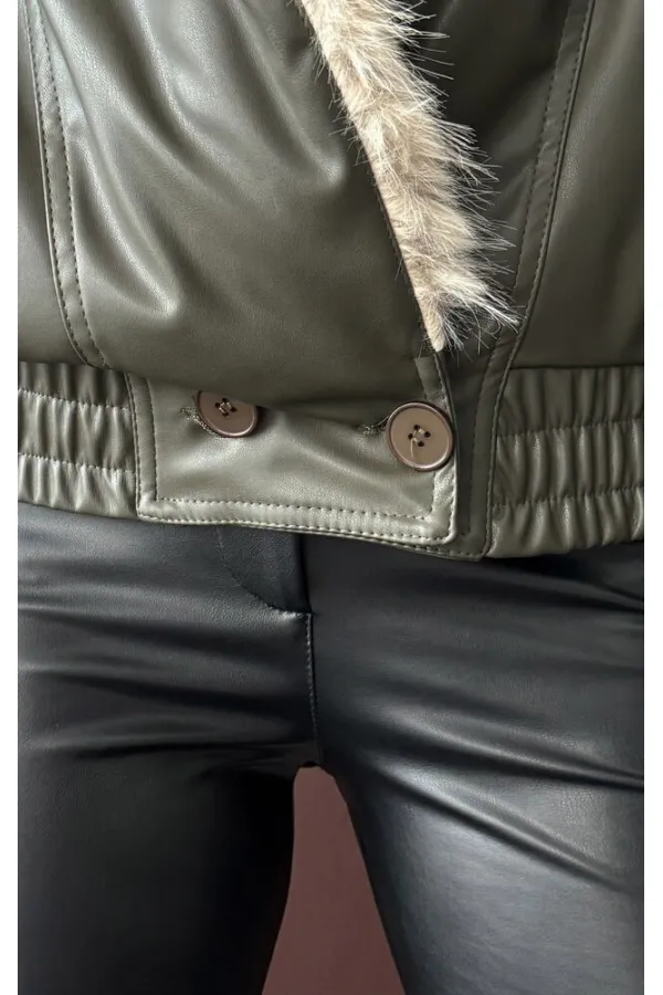 Yakası Kürklü Kruvaze Deri Mont - Haki