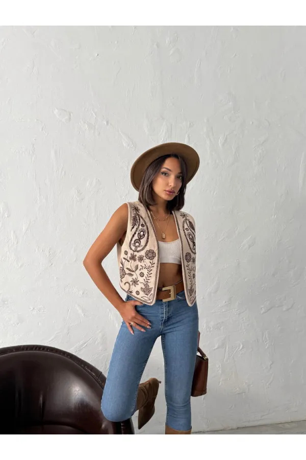 Topshow - Toptan Fitili Kadife Nakışlı Yelek - Taş