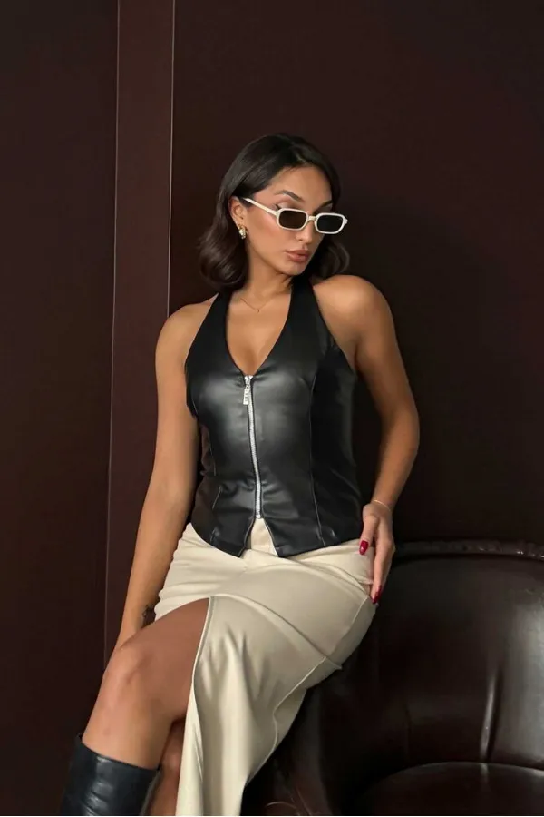 Topshow Sunideri Fermuarlı Toptan Yelek - Siyah | F2036