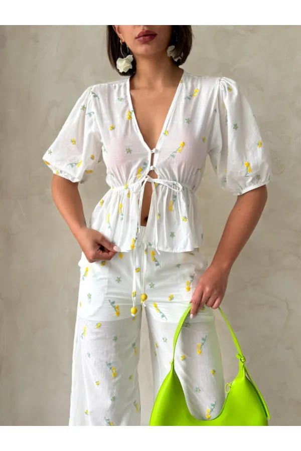 Nakışlı Vual Bluz - Sarı | Topshow