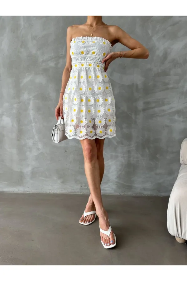 Topshow Cream Daisy Embroidered Wholesale Dress