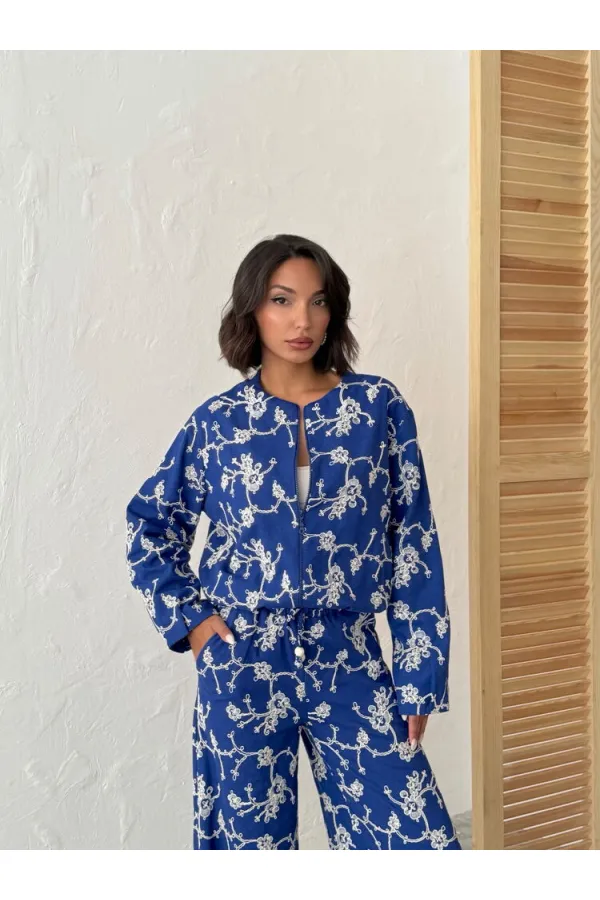 Çiçek Nakışlı Fermuarlı Ceket - Saks | Topshow | F1948