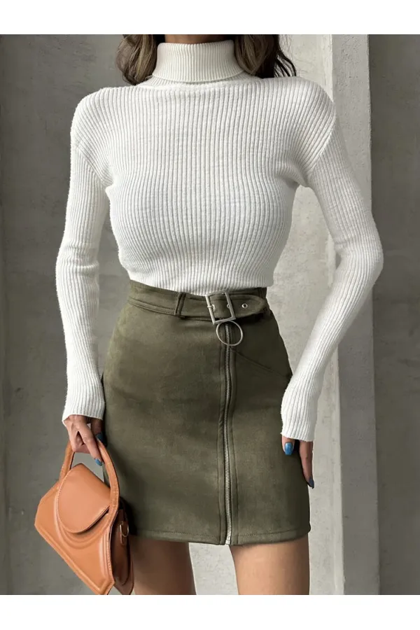 Süet Fermuarlı Toptan Etek - Haki | TOPSHOW | F0121