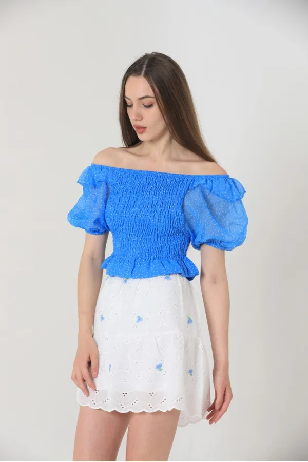 Jupe courte brodée de fleurs bleue, au-dessus du genou (vente en gros) | TOPSHOW